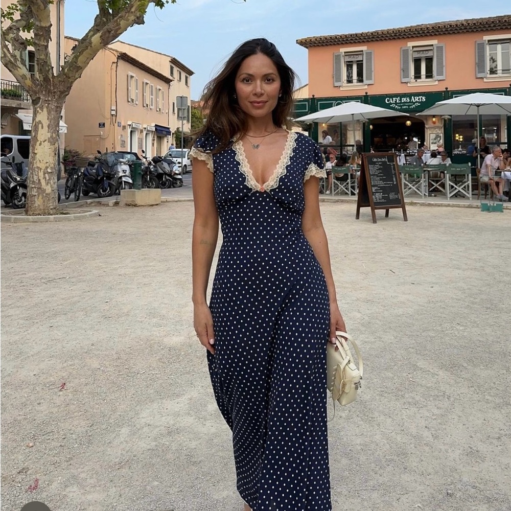 RIXO Clarice dress in Navy polka dot in UK size 10. Never been worn.
